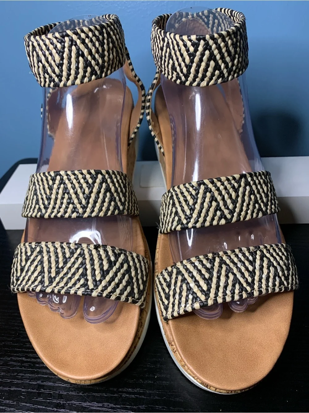 Catherine Malandrino Black & Natural Woven Strappy Platform Sandals